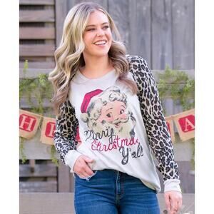 SOUTHERN GRACE • Santa Merry Christmas Y’all Leopard Print Long Sleeve Top